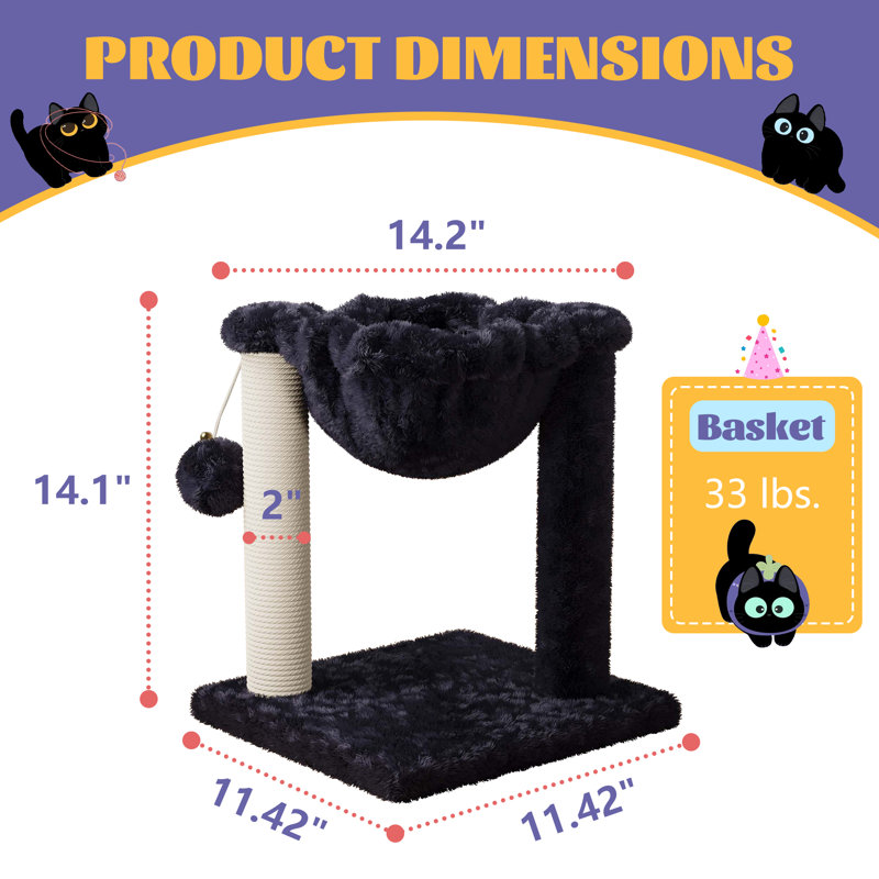 14.1" Cat Tree Tower With Hammock, Sisal Scratch Post And Dangling Ball, Blue