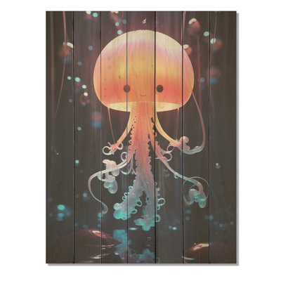 Cute Jellyfish For Nursery I - Jellyfish On Wood Print