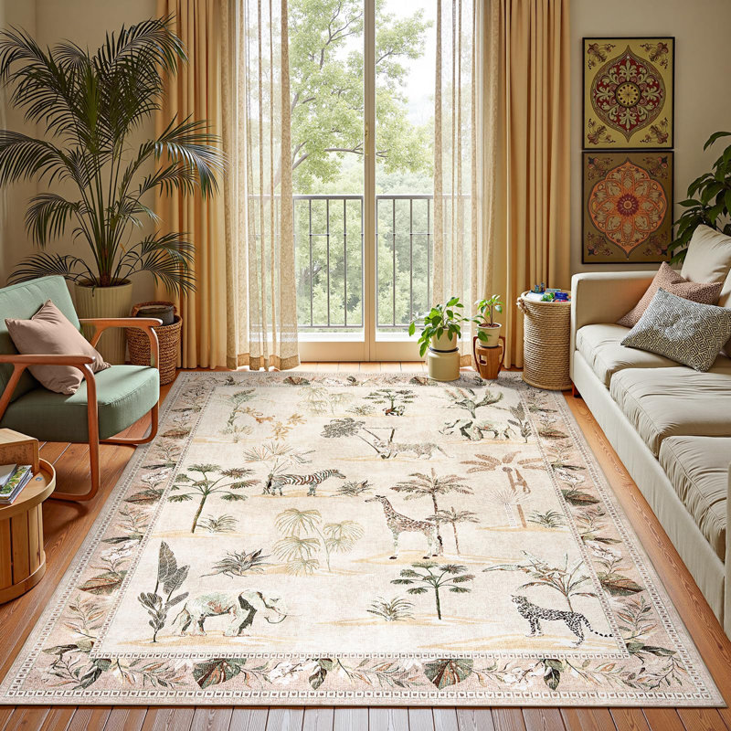 Animals Print Washable Thin Non-Slip Area Rug, Rectangle 5' x 7'