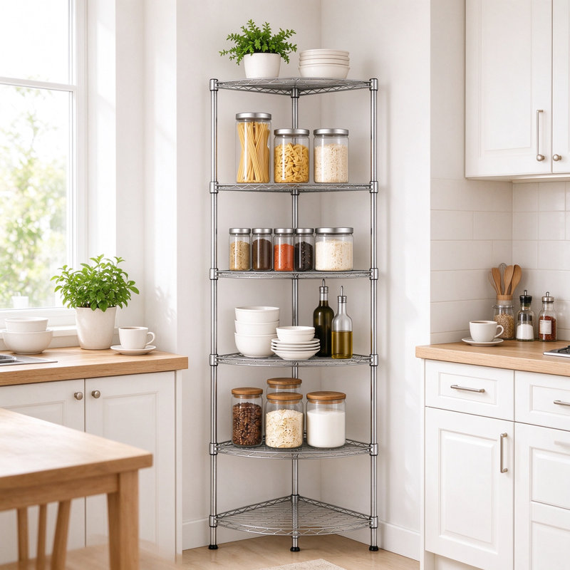Étagère d'angle en métal avec pieds de nivellement et doublure de tablette, support de rangement robuste réglable pour garde-manger de garage, conception en quart de rond
