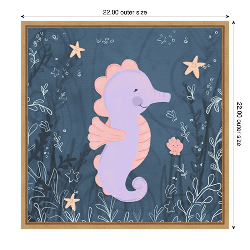 «Seahorse and Turtle Blue I» par Hartworks, reproduction d'art sur toile encadrée, H 22 po x l 22 po