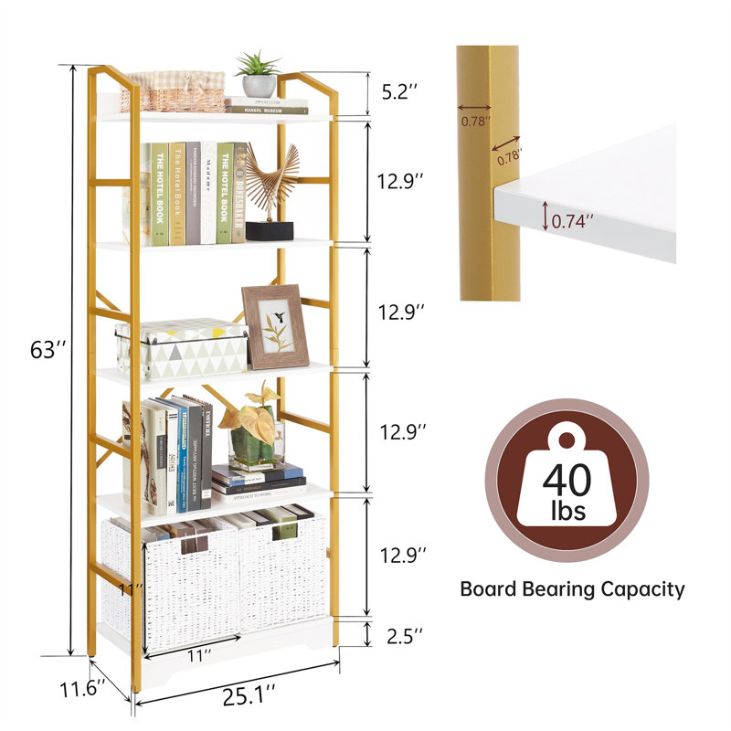 Rustic 5-Tier Bookshelf With Removable Storage Baskets - Heavy Duty Metal Frame, Blanc / doré