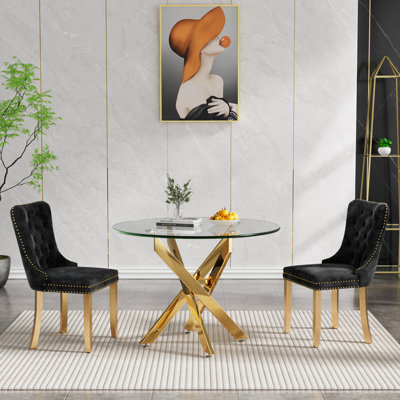 36" Glass Dining Room Table Set, Round Kitchen Dining Table Set with Cross Metal Legs and Velvet Upholstered Chairs, Glass Kitchen Table and Chairs Set