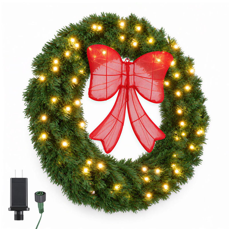 Couronne de Noël à DEL avec grand nœud rouge, 30 po