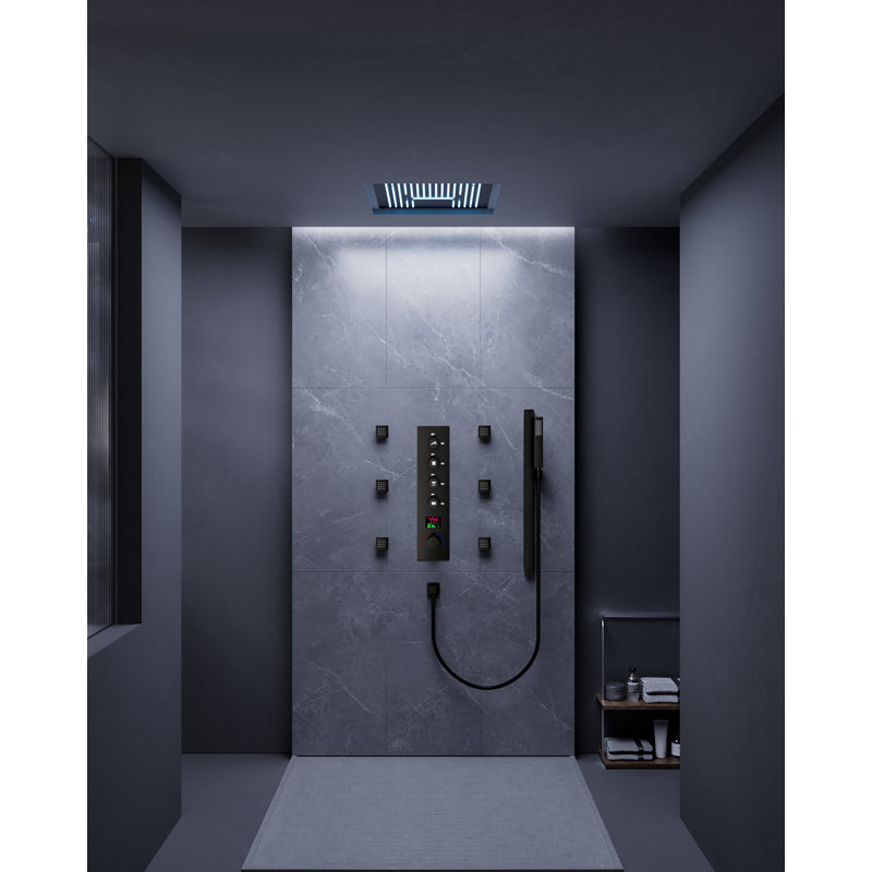 Thermostatic Digital Display Shower System, Ceiling Mount 2-Function 16" LED Rainfall Shower Head with Handheld Spray