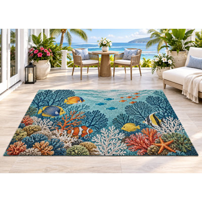 Tapis d'extérieur 5 pi x 7 pi Poissons tropicaux coralliens en PVC imperméable, tapis de patio robuste, tapis d'extérieur à séchage rapide pour terrasse de véranda
