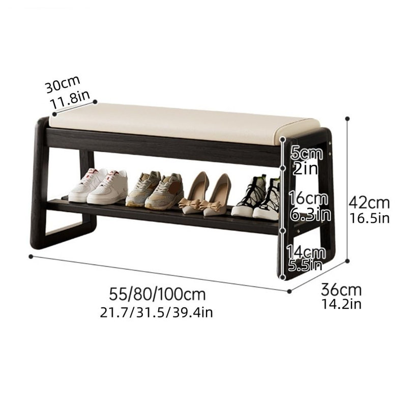 Banc à chaussures en bois massif, bancs de rangement en bois à 2 niveaux pour hall d'entrée, étagère à banc de style Mid-Century moderne, avec coussin en similicuir rembourré pour le couloir, le salon (31,4 po x 13,3 po x 16,5 po (80 cm))