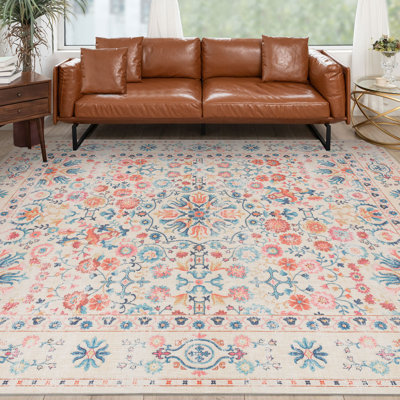 Tapis antidérapant Piny lavable traditionnel à motif floral rose / encre / multicolore