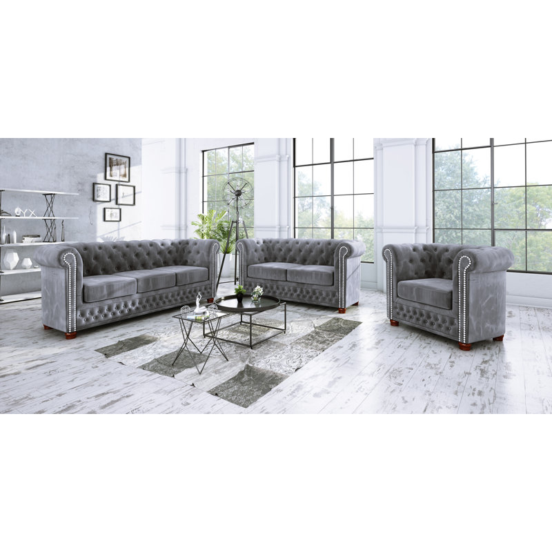 Chesterfield  Sofa 3 Seater Made of Velvet Fabric with Solid Wood Legs, Grey