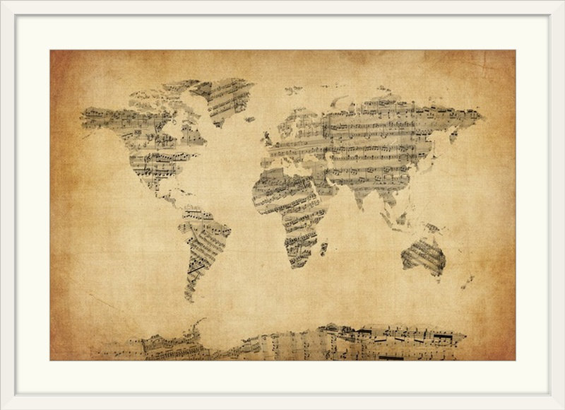 Francy «Map Of The World Map From Old Partition» par Aniesha, impression, H 24 po x l 32 po x P 1 po, Cadre blanc