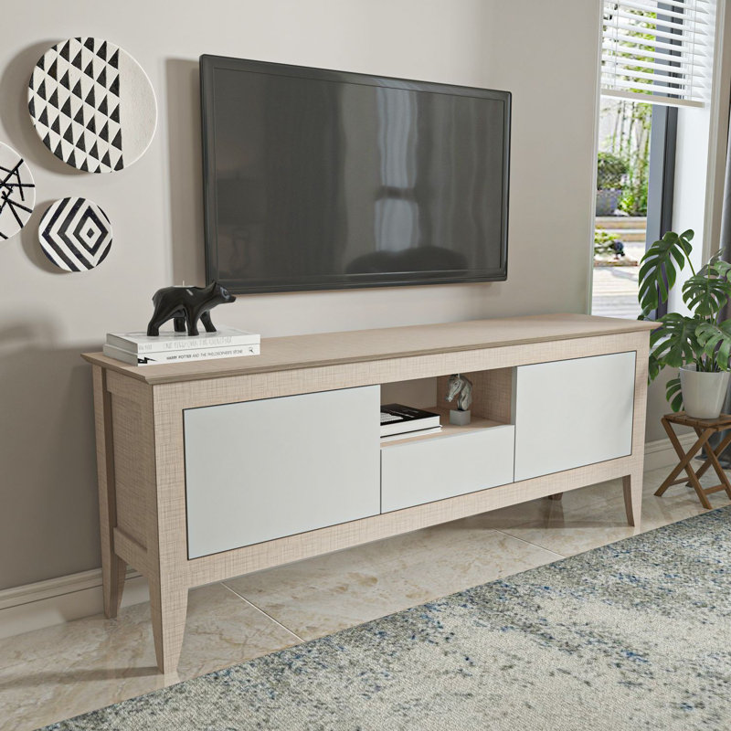 Modern TV Stand, Beige & White, 59 x 15.7 x 13.8 inches | 100% Melamine Coated Particle Board, Thickness: 0.7 inches | Stylish & Functional Design for Living Room | Ideal for Modern Home Decor & Entertainment Setup