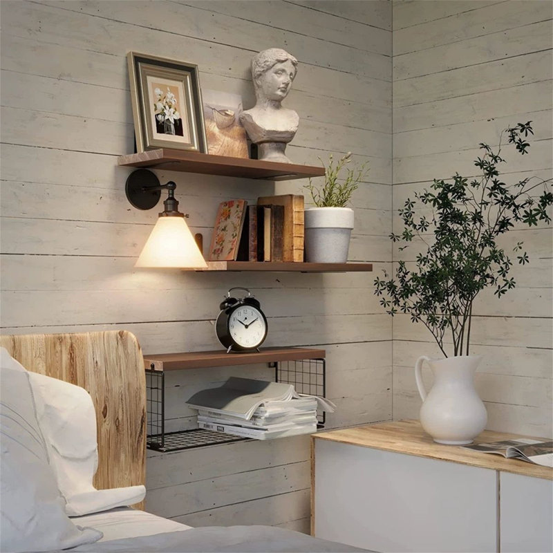 2-in-1 Floating Shelves with Storage Basket, Sturdy Paulownia Wood Wall Shelves for Bathroom & Living Room, Rustic Style Decorative Storage Shelves with 66Lbs Capacity, Multifunctional 3-Tier Floating Shelves with Storage Basket