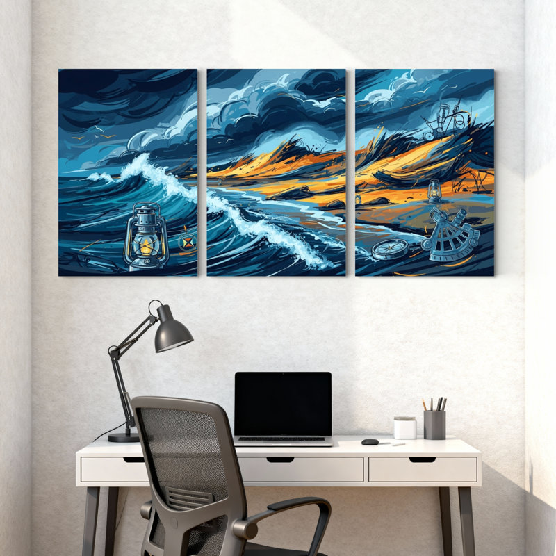 Nautique et plage, tempête, vagues de la mer, lanterne, naufrage, coucher de soleil, boussole, ensemble de 3 impressions sur toile