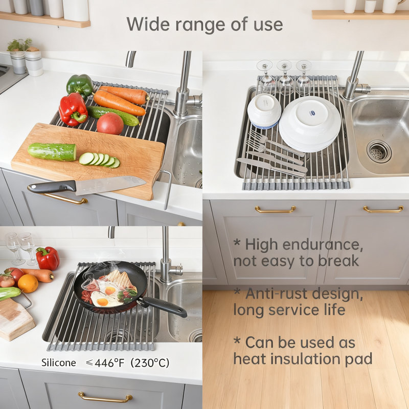 Égouttoir à vaisselle enroulable pour évier de cuisine, égouttoir à vaisselle en silicone résistant à la chaleur avec conception antidérapante, solution de rangement rétractable au-dessus de l'évier
