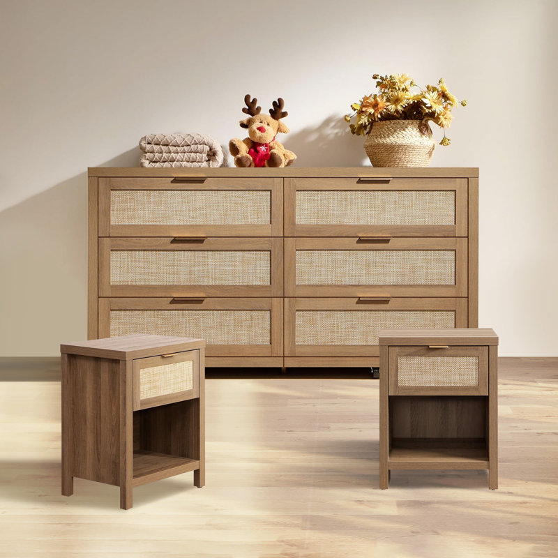 Boho Rattan 3 Piece Bedroom Set, 6-drawer 56.85" Wide Dresser And 2 Nightstand, Brown