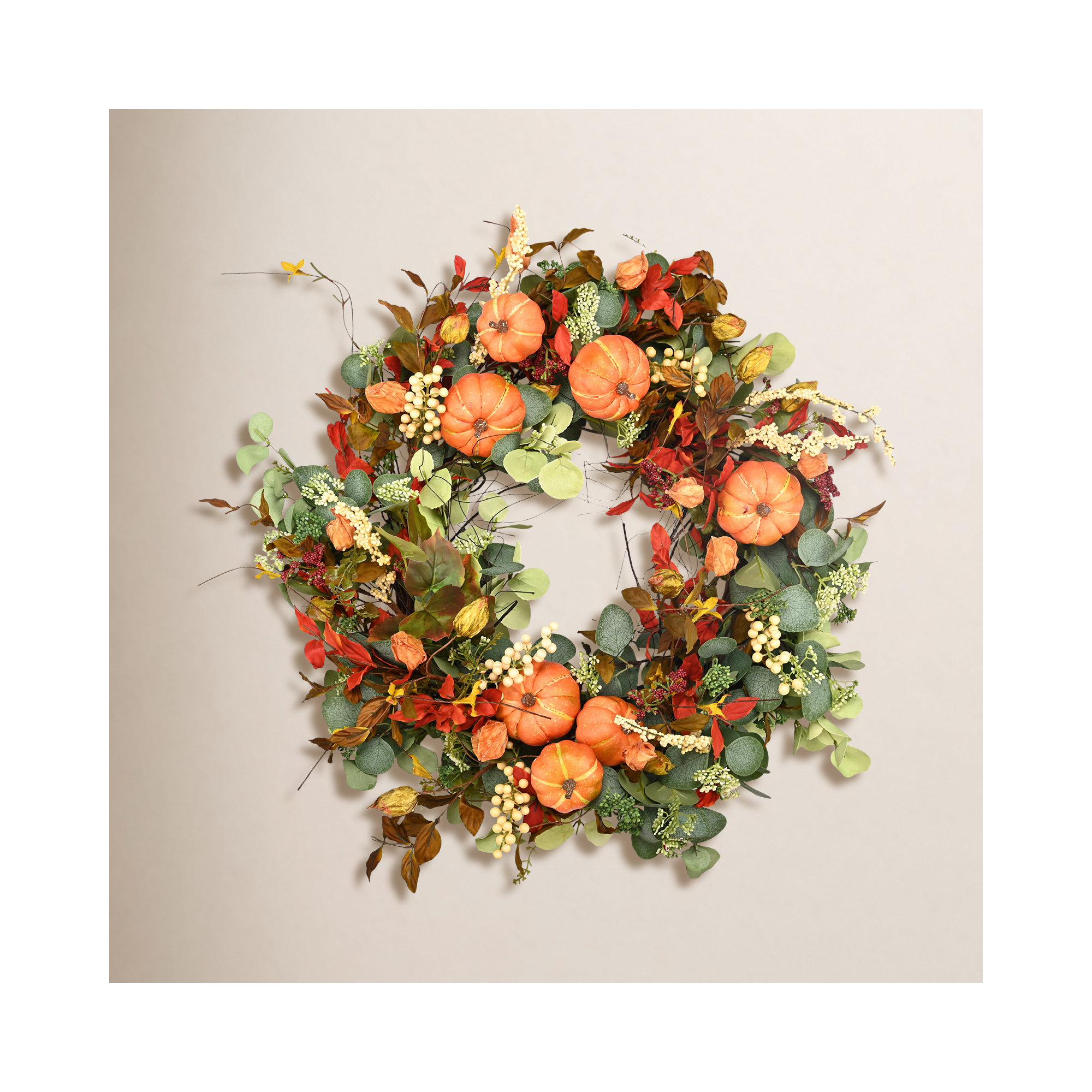 26" Handcrafted Fall Front Door Thanksgiving Day Pumpkin Wreath, Orange