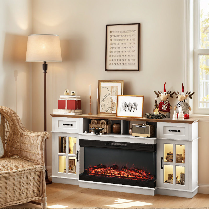 Farmhouse 70'' TV Stand For Tvs Up To 80'' With Electric Fireplace And Adjustable Shelves, White