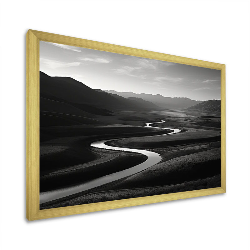 " Black And White Mountain River ", Gold Single Picture Framed, 16" H x 32" W x 1" D