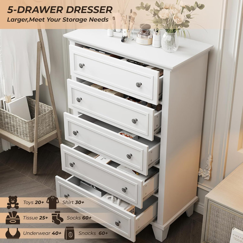 Commode blanche à 5 tiroirs pour la chambre à coucher, commode en bois et commodes à tiroirs profonds, commode de commode moderne avec poignées en métal pour le salon, le couloir, le vestibule