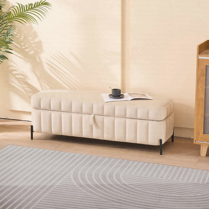 Banc de rangement avec repose-pieds en velours 49,21 "avec pieds en métal, beige