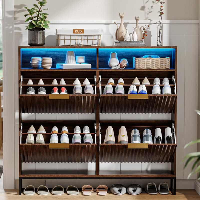 47.2 Inch Wide Slatted 4 Flip Drawers 1 Compartment Storage LED Light Shoe Cabinet, Walnut