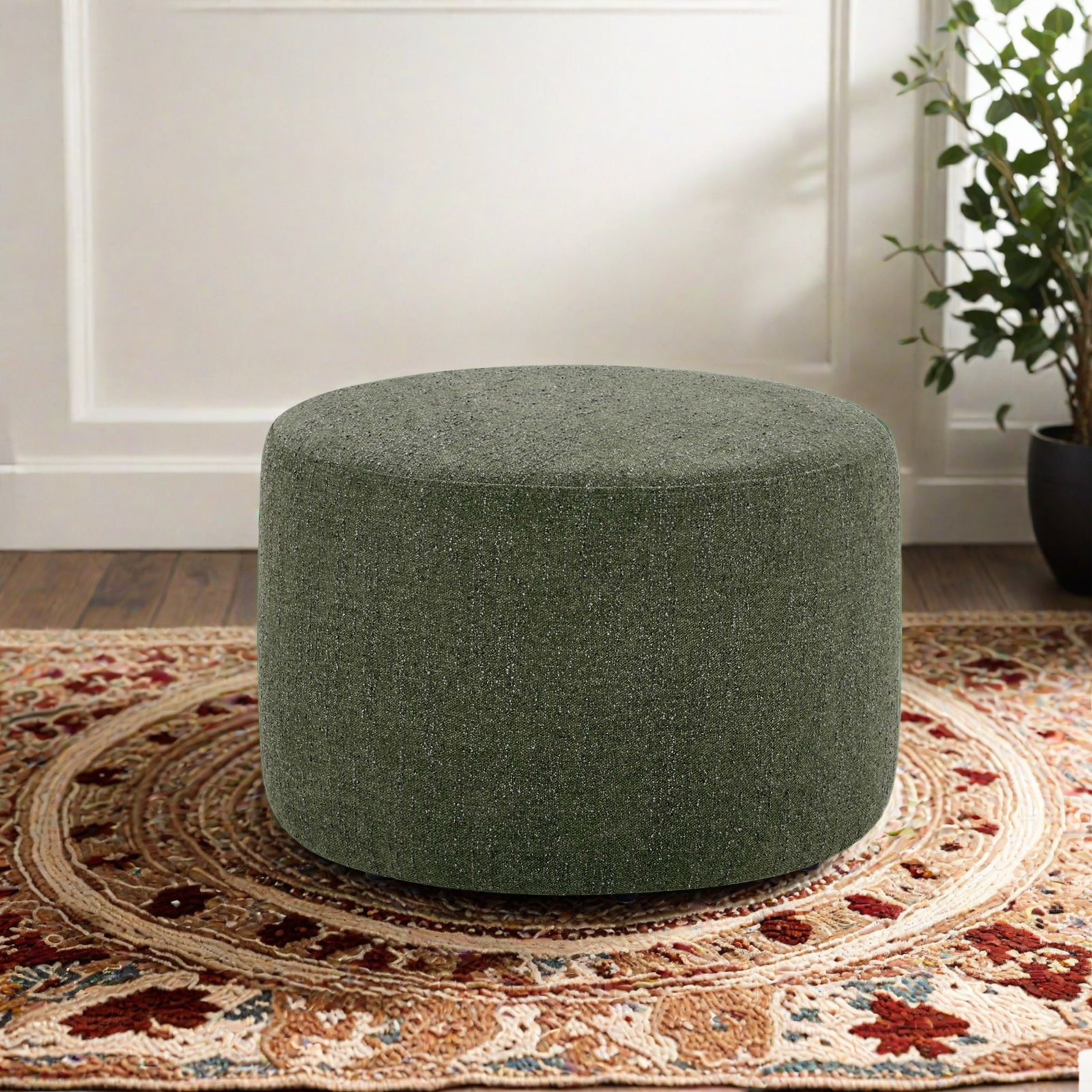Danva 24" Genuine Leather Ottoman, Mellow Forest Chenille