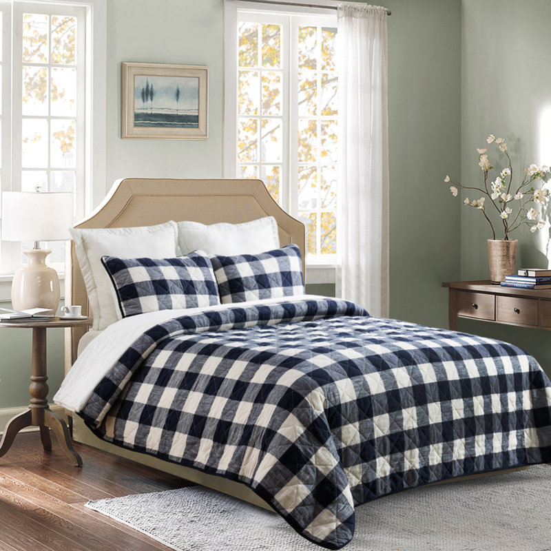 Flannel Checkered Quilt, Navy, Queen Quilt  + 2 Standard Shams