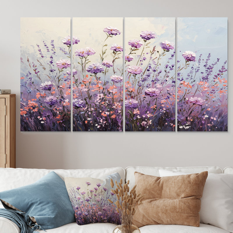 «Wildflower Morning Dew In Lavender Field II - Wildflowers», art mural traditionnel sur toile, 4 pièces, H 32 po x l 64 po