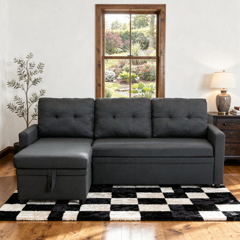 Upholstered L-Shape Gray Linen Space-Saving Sleeper Pull-Out Sofa With Hidden Storage, Gray Linen Blend
