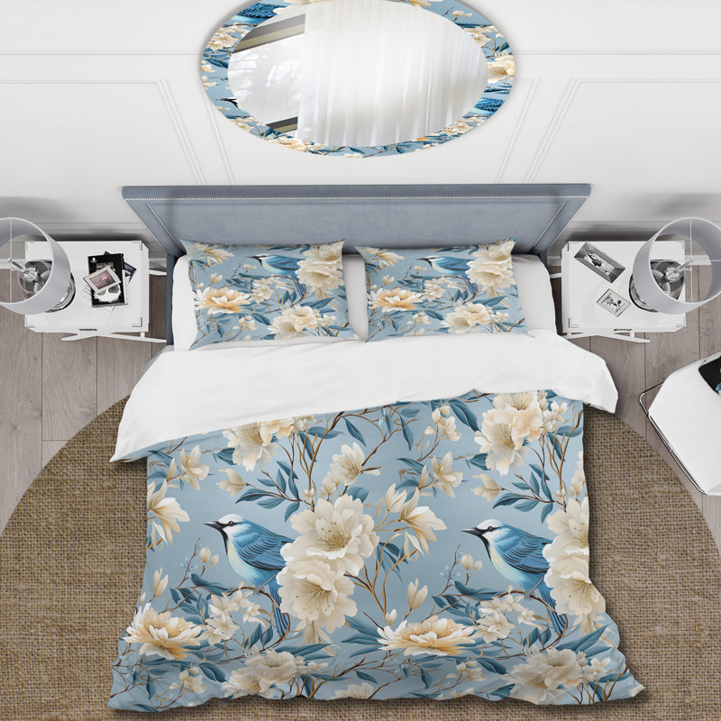 White And Blue Bird Floral Serenade IV - Floral Duvet Cover Set, King Duvet Cover + 2 King Shams