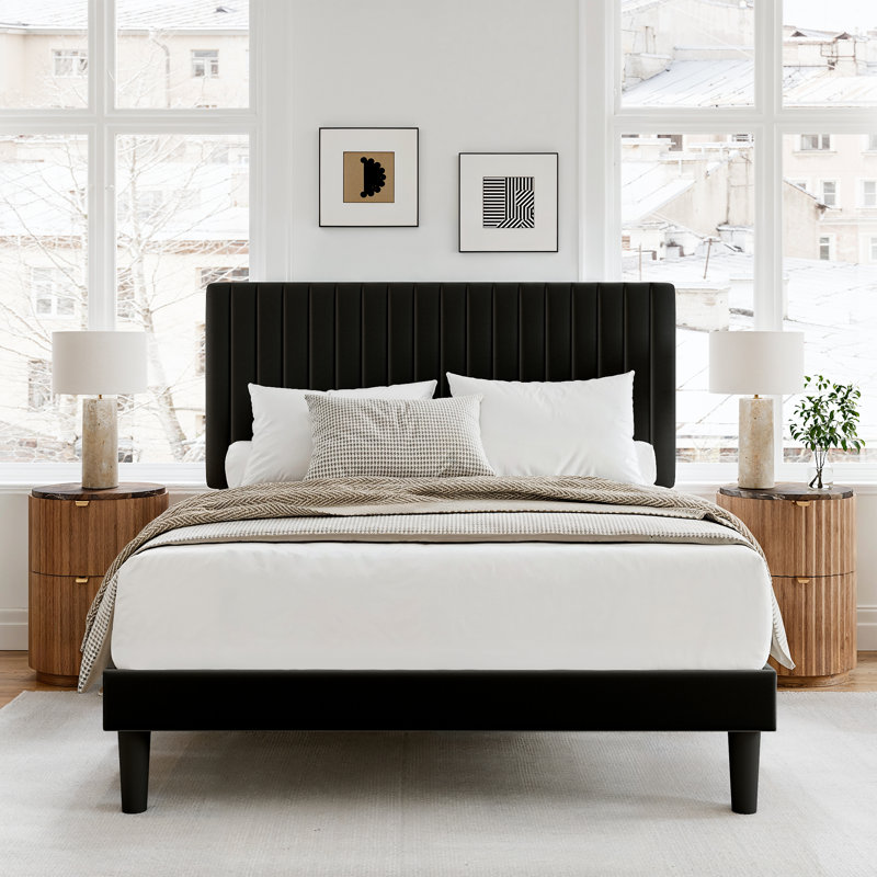 Full Size Velvet Upholstered Platform Bed with Adjustable Headboard and Wooden Slats, Full, Black