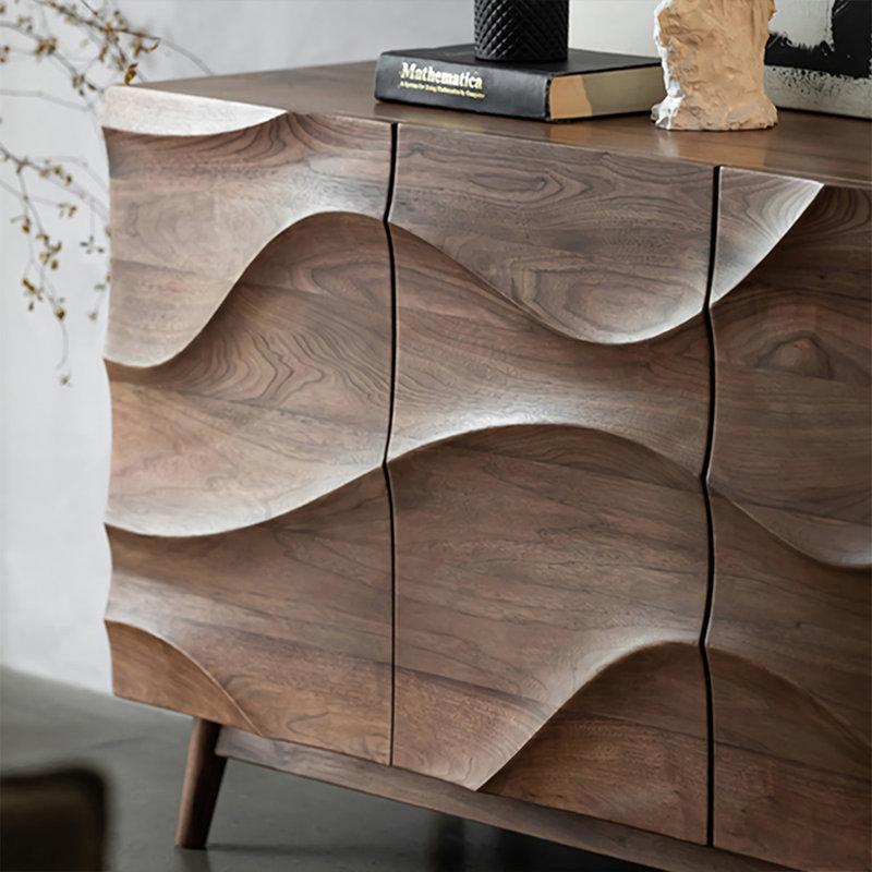 Simple Walnut Colour Wavy Wooden Accent Cabinet.