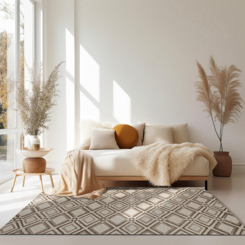 Wool Geometric Area Rug, Ivory/Brown/White