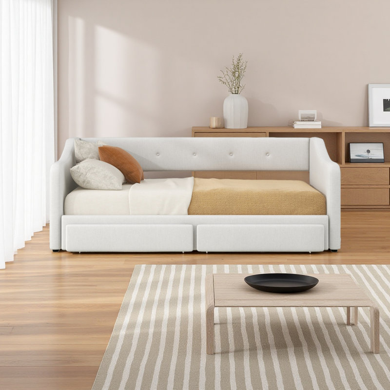 Lit de jour simple tapissier très grand avec deux tiroirs, Beige