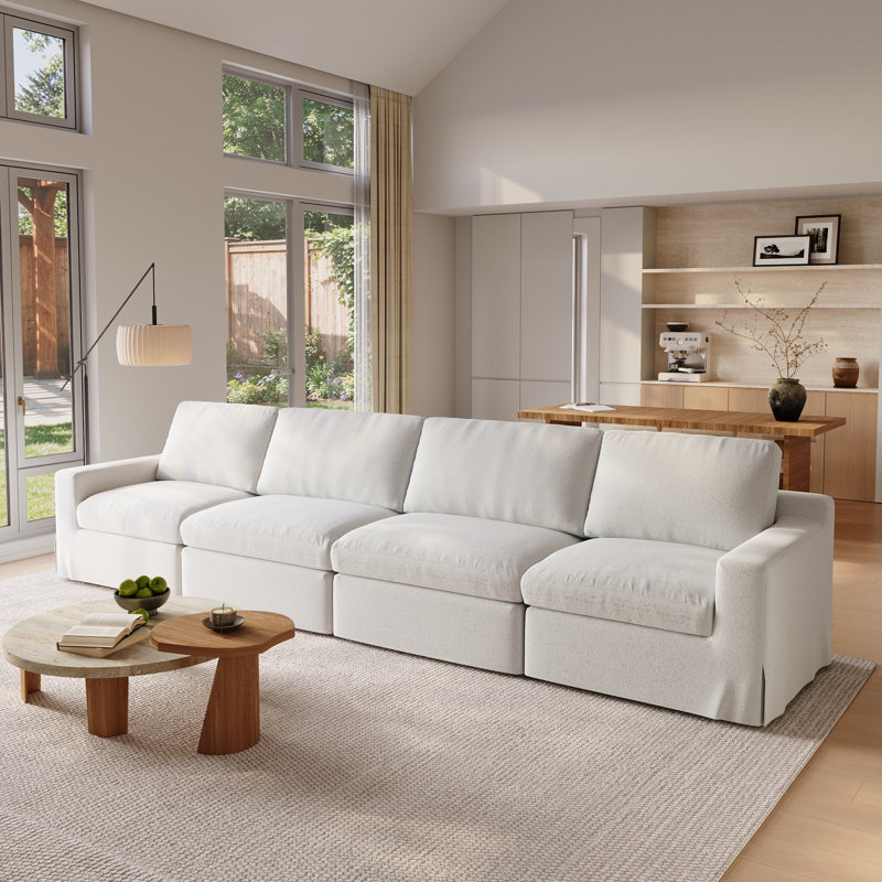 4 Piece Upholstered Slipcovered Linen Sectional Sofa, Beige Linen