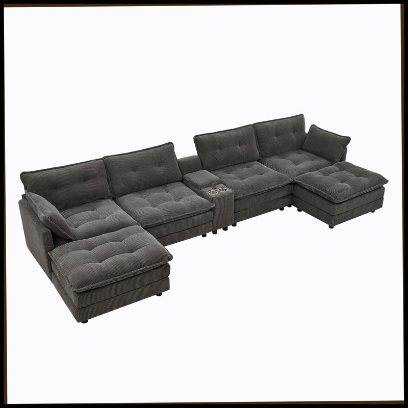 Canapé modulaire 154 po Cloud avec repose-pieds, canapé modulaire en U pour salon, canapé modulaire surdimensionné en velours côtelé 6 places avec console USB centrale, gris