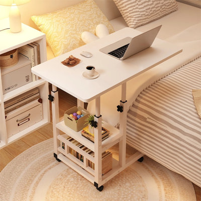 Adjustable Metal Base Computer Desk with Wheels, Laptop Sofa Bed Bedroom Side Table with Wheels Storage Shelves