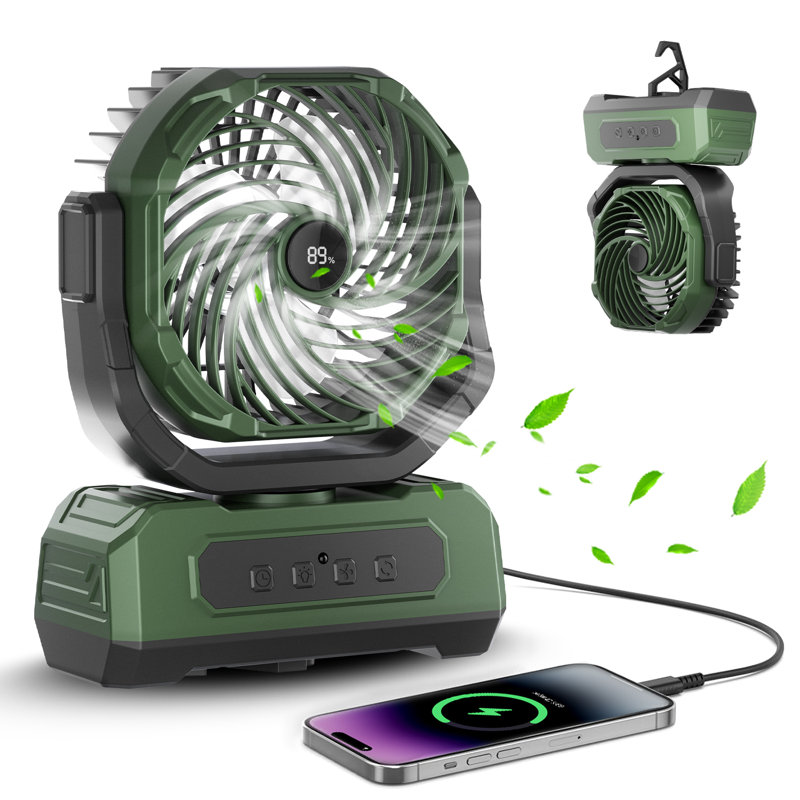 Ventilateur de camping rechargeable 20000 mAh avec pliable à 90 °, ventilateur de bureau USB avec port d'huile, minuterie, lumière DEL, crochet de suspension et panneau solaire pour une utilisation à l'extérieur et une charge mobile
