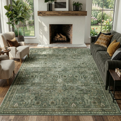 Watte Vintage Floral Border Washable Area Rug with Non-Slip Backing for Living Room & Bedroom