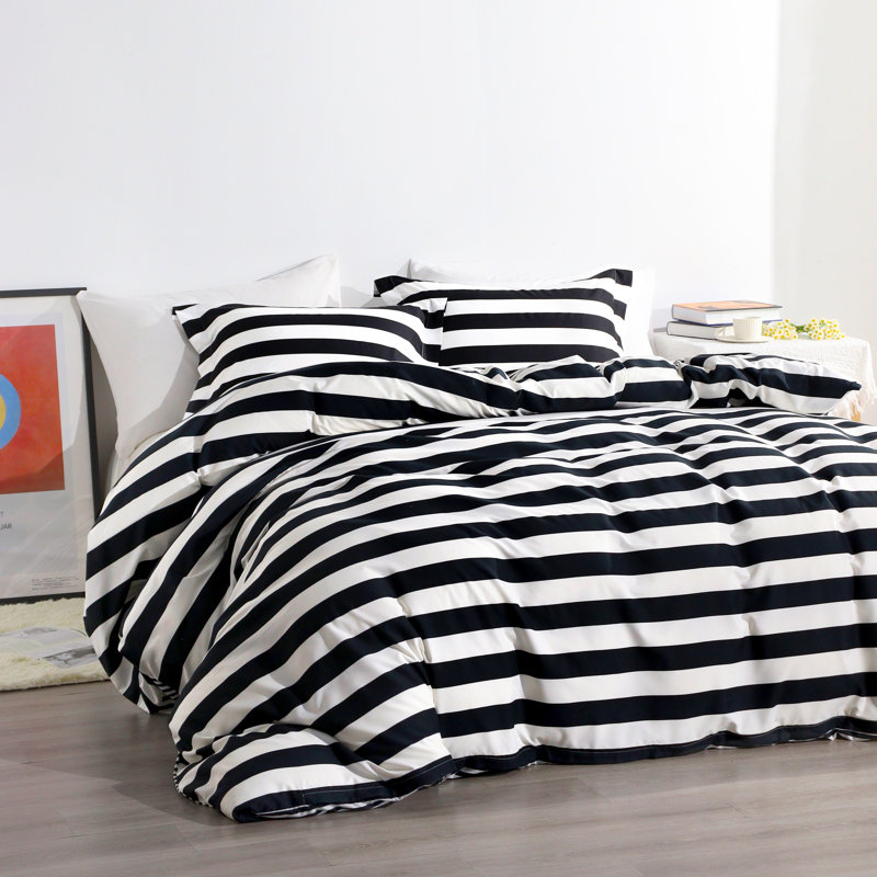 Twin Black and White Striped Microfiber Duvet Cover Set