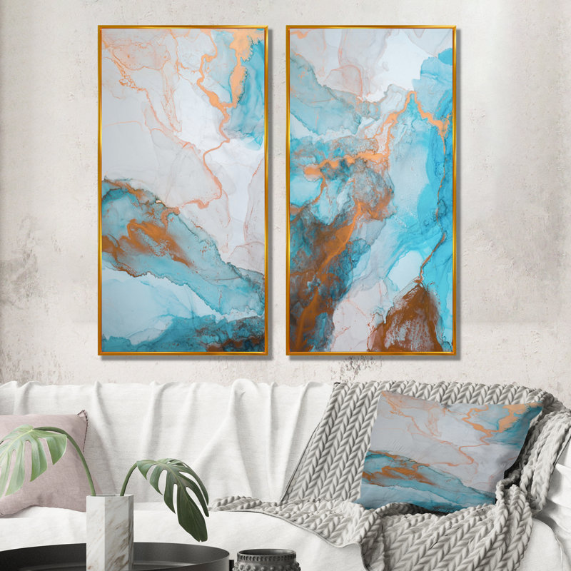 «Luxury Gold Turquoise Marbré Flow Art II», ensemble de 2 impressions sur toile, 32" H x 32" W x 1" D, Cadre flottant doré
