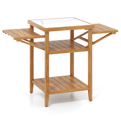 Table de barbecue d'extérieur en bois d'acacia, plateau de table en faux marbre résistant aux taches et panneaux latéraux rabattables rabattables, finition anti-corrosion résistante aux intempéries