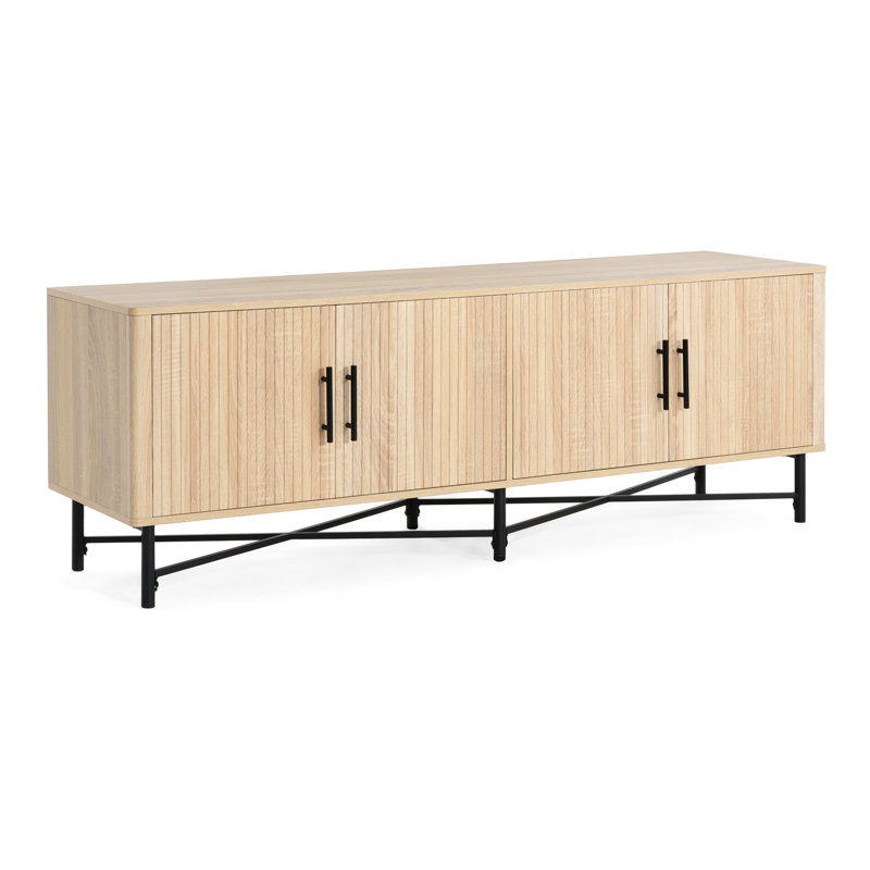 Armoire de télévision fonctionnelle à 4 portes avec 2 espaces de rangement et tablettes personnalisables, couleur naturelle, l 66 po x P 18 po x H 23 po, garde le salon bien rangé