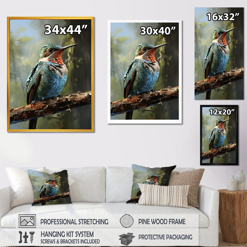 Bleu et vert rayonnant Colibri beauté - Art mural colibri, Toile tendue, H 20 po x l 12 po