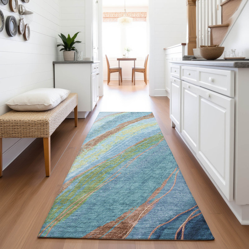 Tapis bleu intérieur / extérieur lavable à la machine Xhevrie, Tapis de couloir 2 pi 3 po x 7 pi 6 po