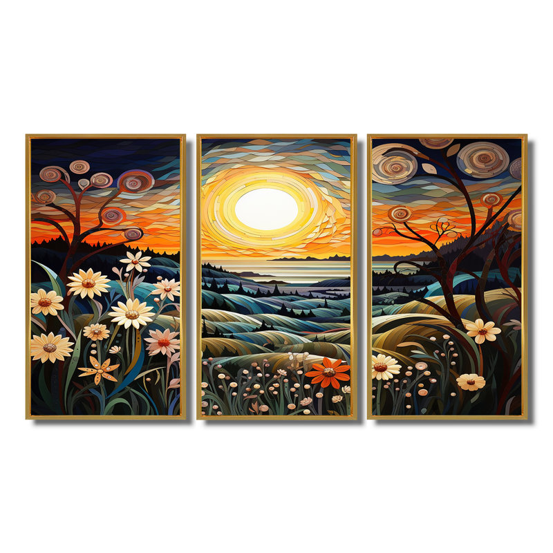 Ornella - ensemble d'art mural abstrait paysage, Cadre flottant doré, H 32 po x l 48 po x P 1 po