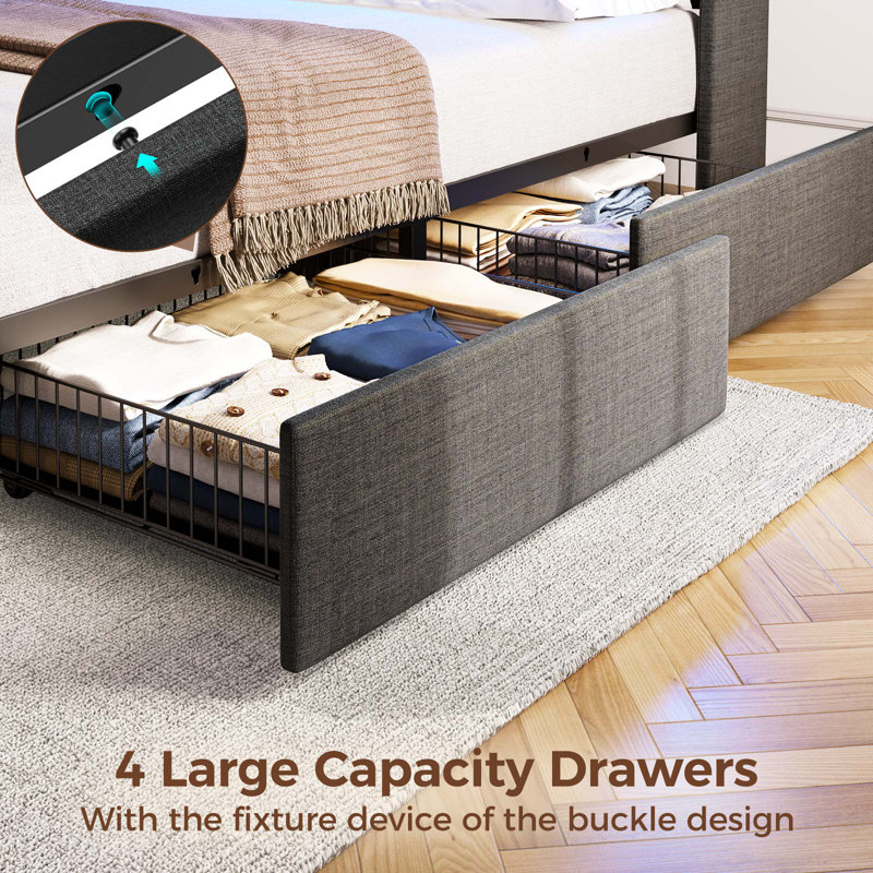 Dyane Upholstered Bed Full Bed Frame with Charging Station and LED Lights, Queen