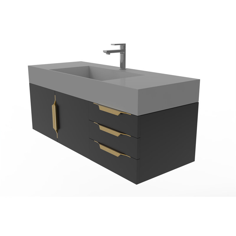 Meuble-lavabo mural simple 48 po avec comptoir à surface solide 48 po, gris, Doré, Noir