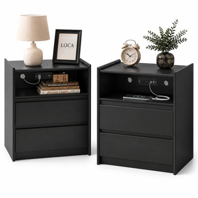 Modern 2-Drawer Nightstand Set of 2 with Charging Station and Open Shelf