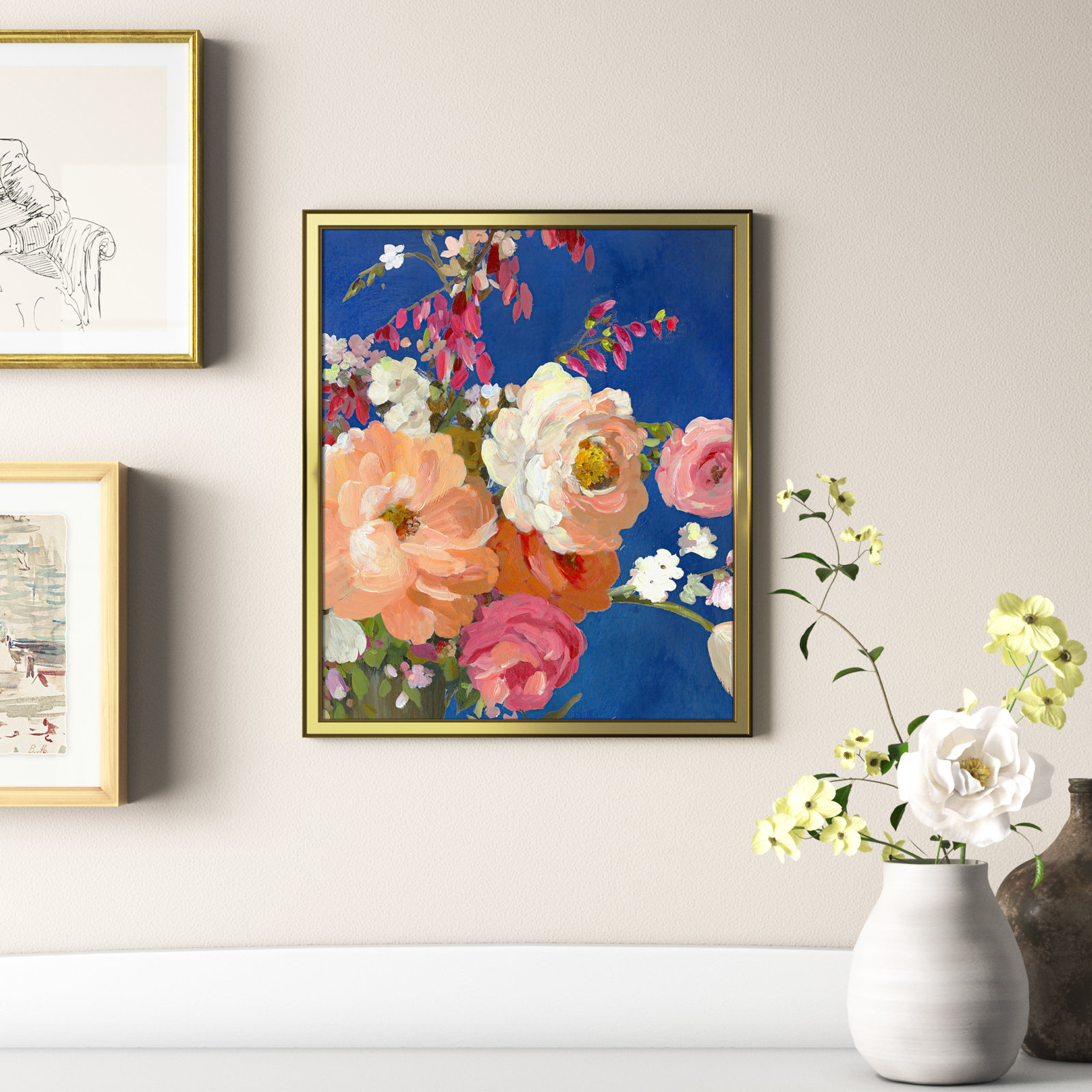Calliope "Midnight Garden Flowers I" Painting, Gold Framed, 20.25" H x 17.25" W x 0.75" D